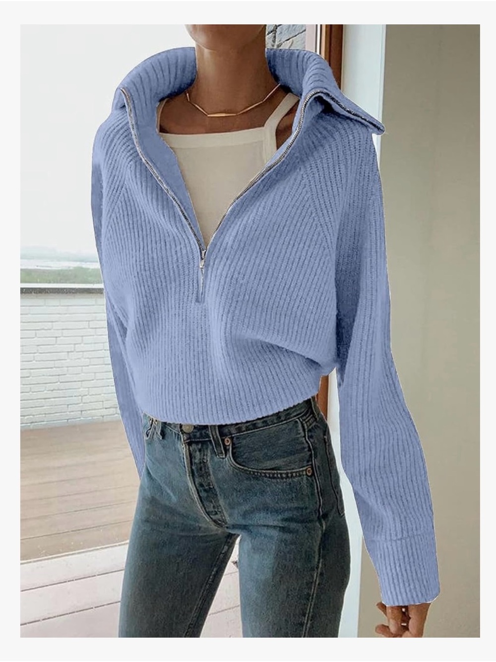 Light Blue Rib-Knit Half-Zip Sweater